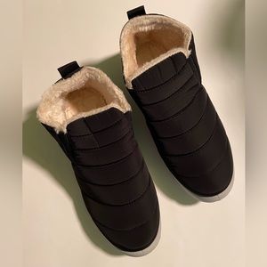 Black quilted nylon slip on booties ladies 11, $35.